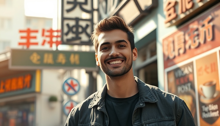 Young man in Beijing smiling at vegan restaurant backdrop.