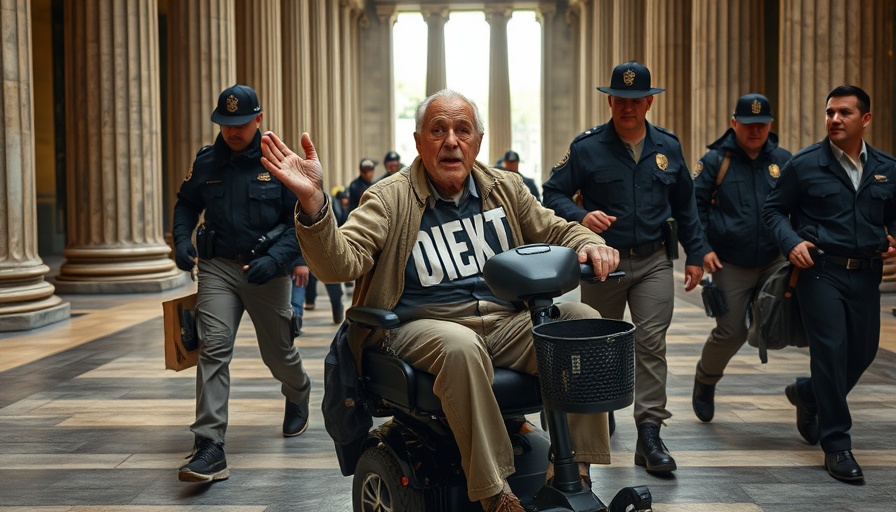 Protester on scooter escorted by police during Medicaid cuts protest.