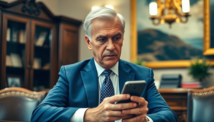 Older man in blue suit critiques AT&T service with smartphone in office.