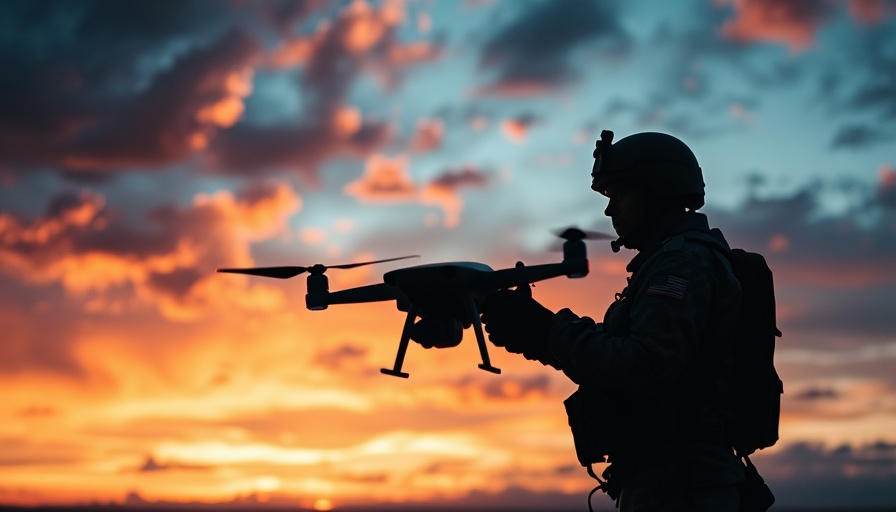Silhouetted soldier and drone at sunset suggesting AeroVironment.