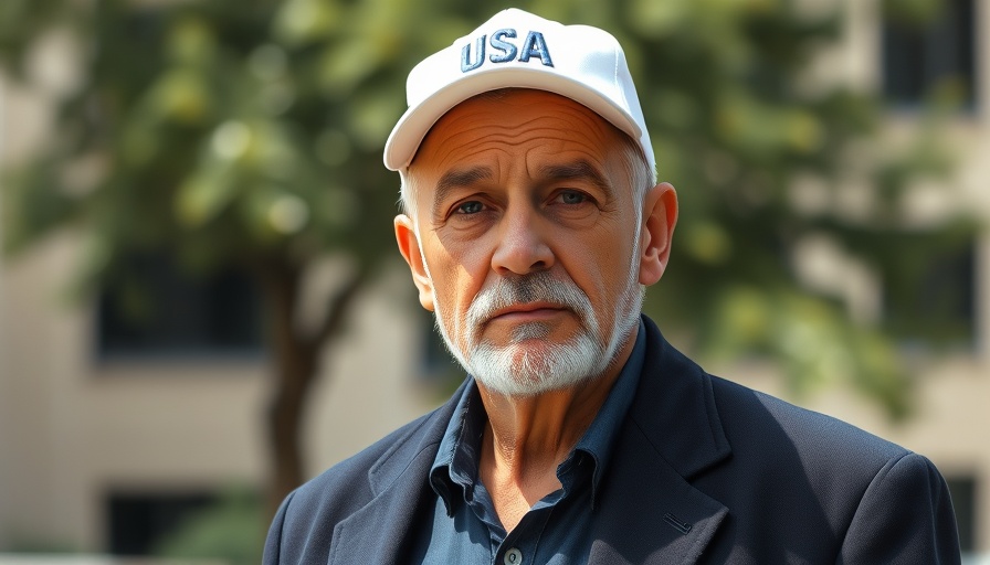 Man in USA cap outdoors, lower my taxes theme.