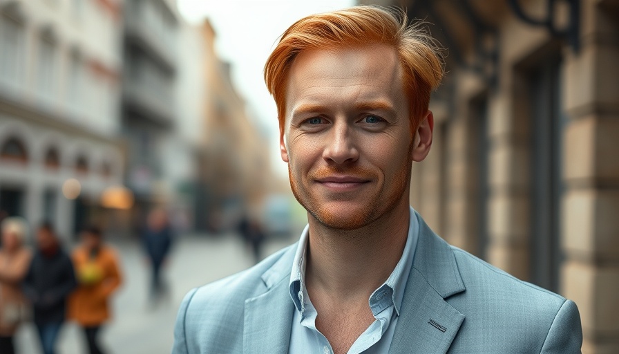 Man with light red hair in light blue blazer smiling subtly.