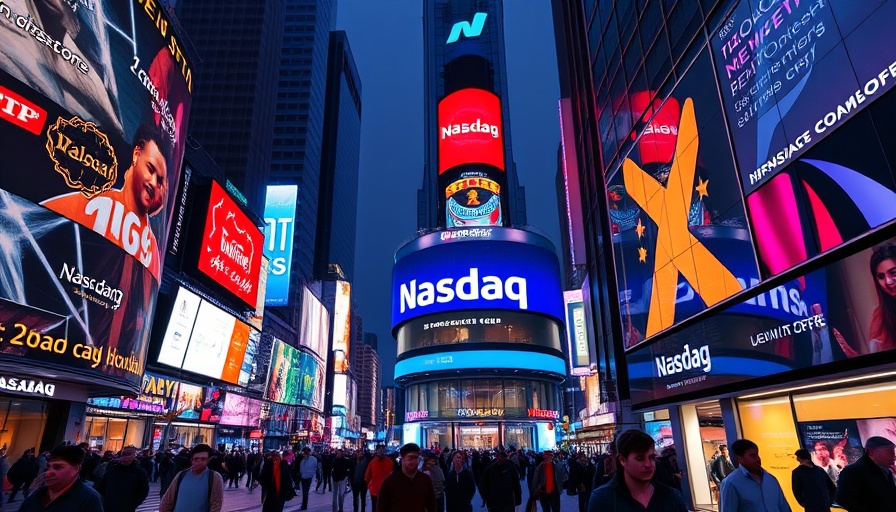 Bright Nasdaq billboard in Times Square symbolizing tech stock surge.