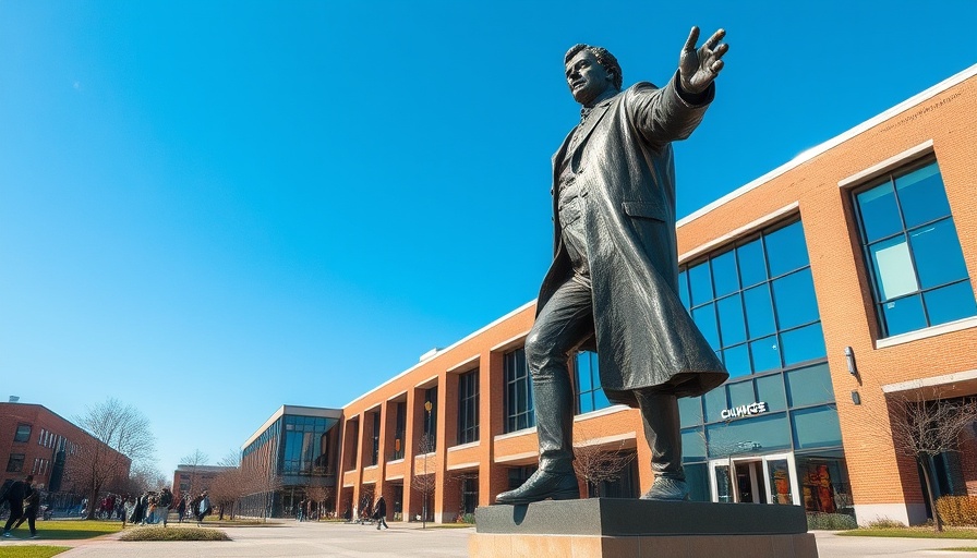 Bronze statue at George Mason University campus with students around.