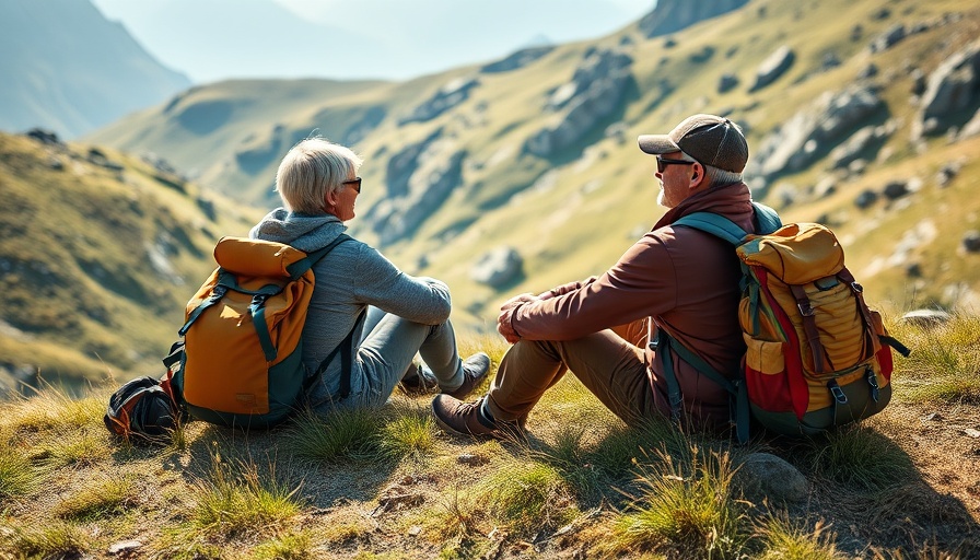 Mature couple relaxing with backpacks on hillside, The Salt Path controversy.