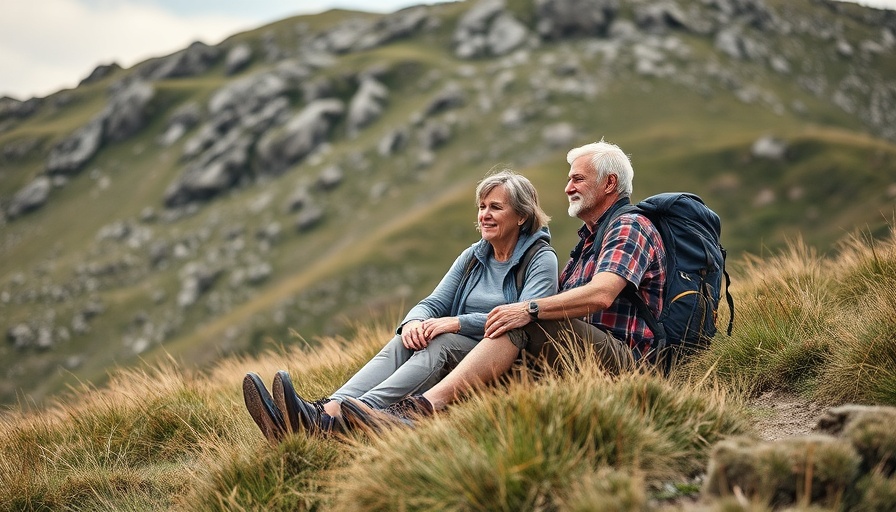 Couple resting on a hill with backpacks, depicting The Salt Path controversy.