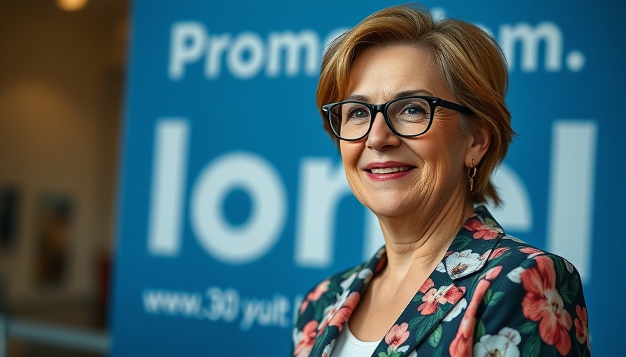 Middle-aged woman smiling at promotional event.