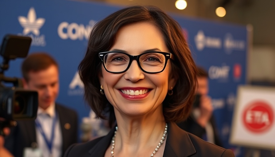 Middle-aged woman at event, smiling in floral jacket.