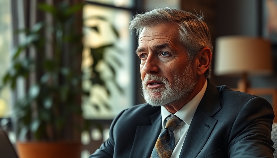 Middle-aged man in suit discussing Trump's tariffs deadline indoors.