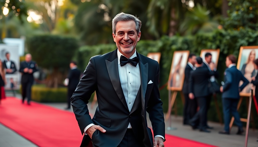 Person in tuxedo on red carpet at outdoor event.
