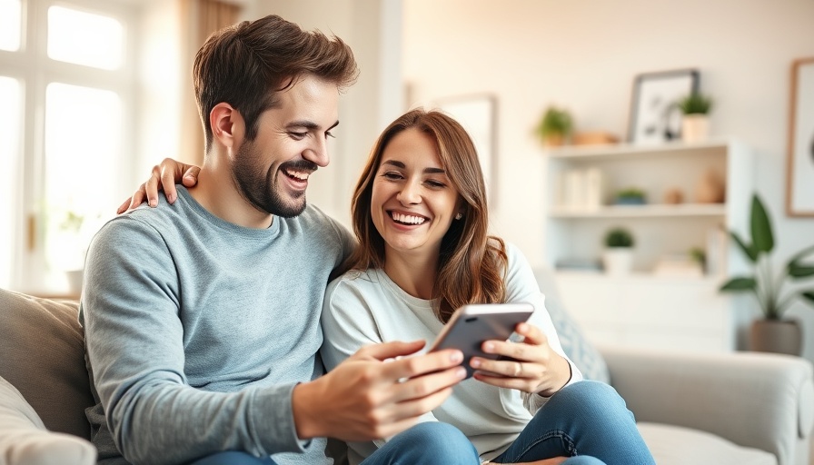 Happy couple smiling at phone, discussing Head of Household vs. Married Filing Jointly in a cozy room.