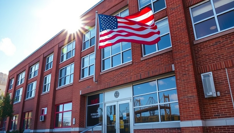 American high school with flag emphasizing overcoming bullying for my accent.