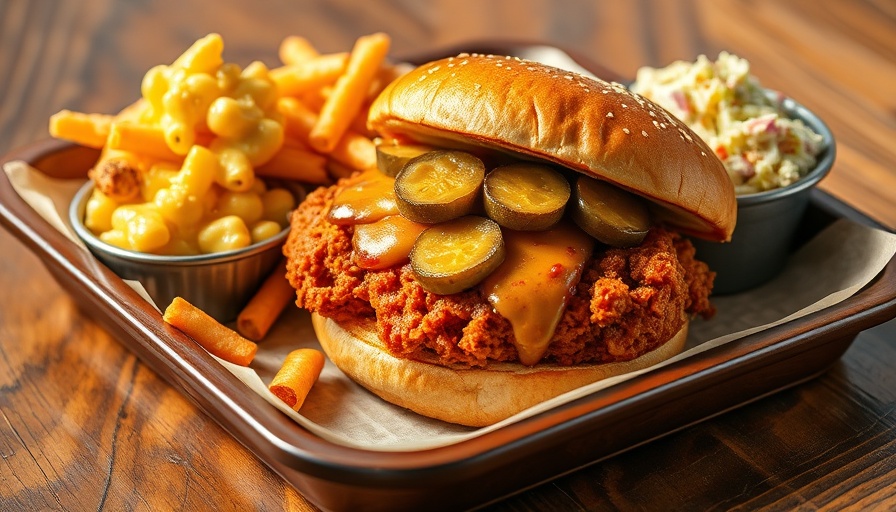 Appetizing road trip food stops with spicy chicken sandwich and sides.