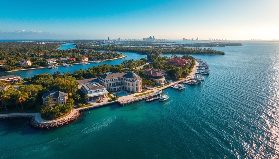 Aerial view of Gables Estates luxury neighborhood with waterfront homes.