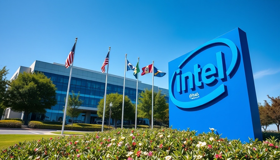 Softbank investment Intel: Intel sign outside modern office building with flags.
