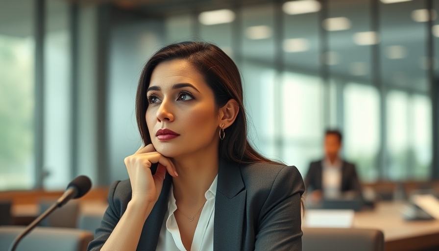 Pensive woman in office setting related to mortgage fraud accusations.