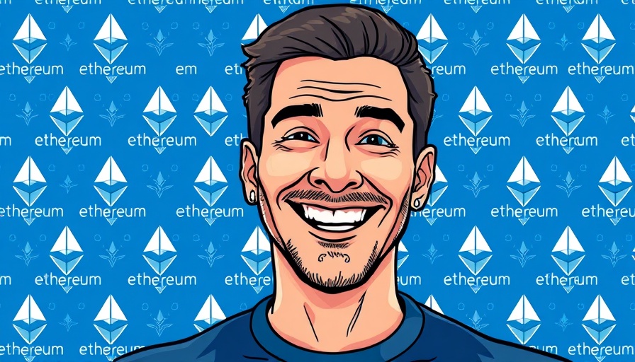 Energetic man smiling over Ethereum-themed blue background, symbolizing cryptocurrency trends.