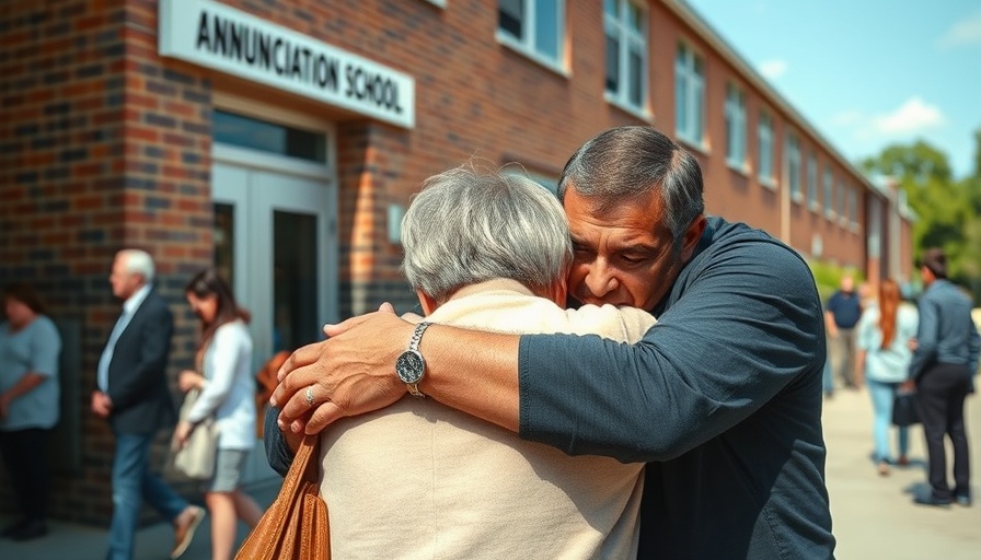 Concerned adults embrace outside Annunciation School, Minneapolis School Shooting.