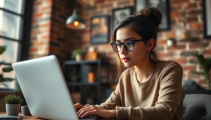 Focused woman using her laptop in a cozy brick-walled office.