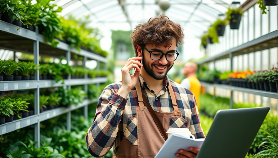 Young man managing small business in greenhouse, taking notes.