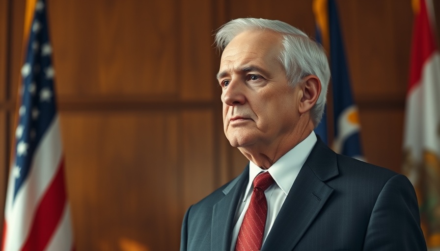 Thoughtful older man in suit with flags behind him.