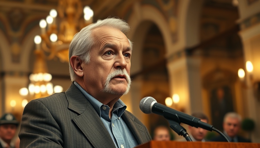 Elderly male speaker addressing audience in ornate room.