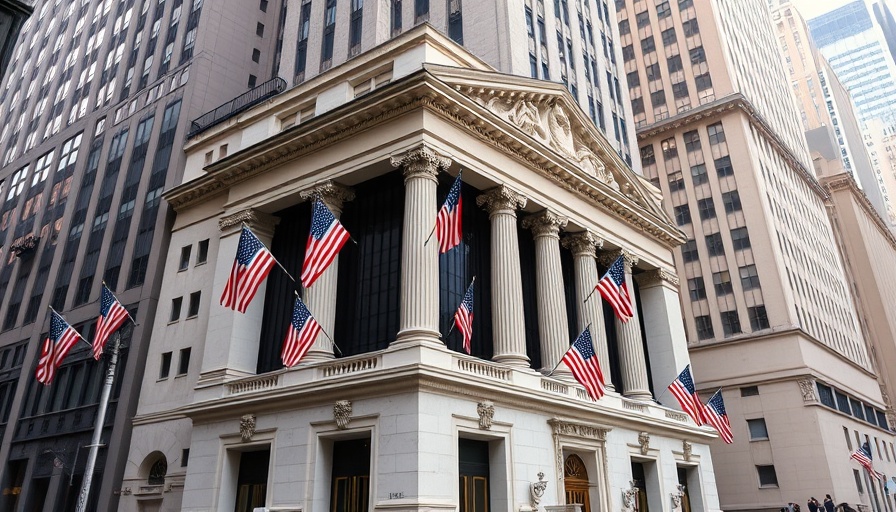 Facade of New York Stock Exchange with American flags, Dow S&P 500 Nasdaq futures pullback context.