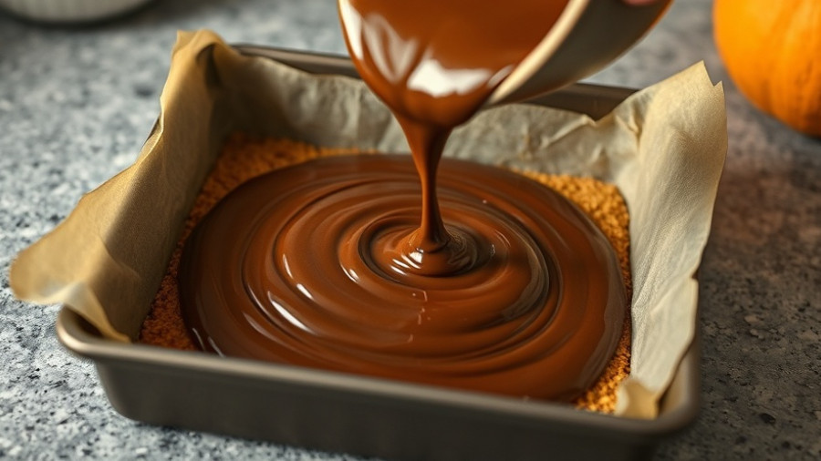 Chocolate pouring over no-bake pumpkin spice peanut butter bars.