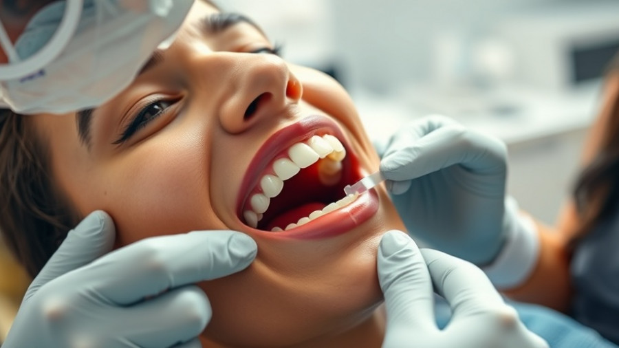 Teeth whitening tray being fitted during dental procedure.