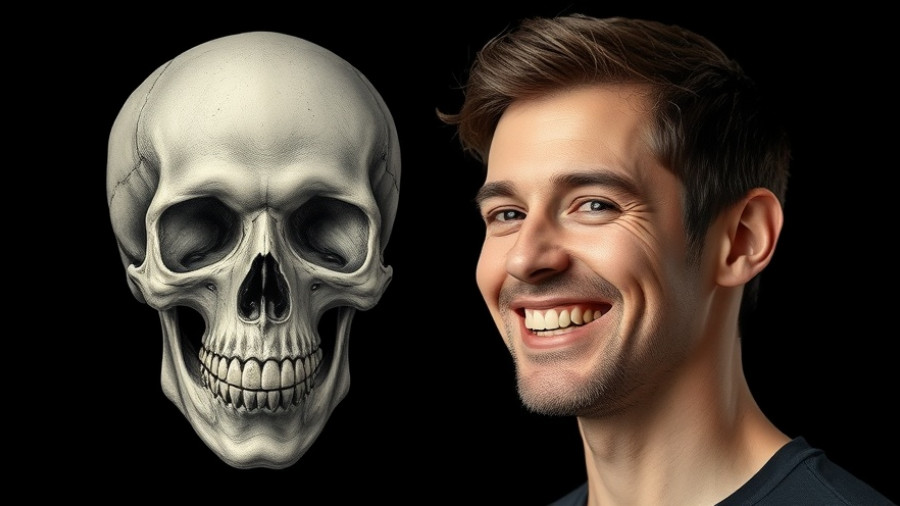 Detailed anatomical skull illustration with smiling person.