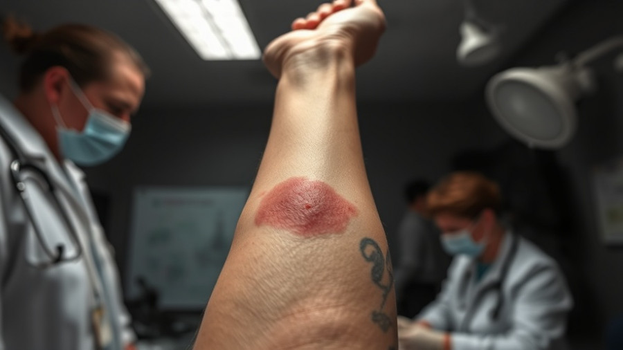 Close-up of a skin rash on arm in a clinical setting for diagnosis.