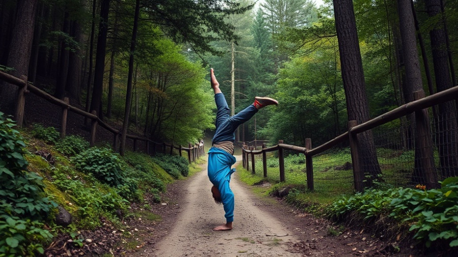 Person in blue jacket handstanding on trail, barefoot shoes benefits.