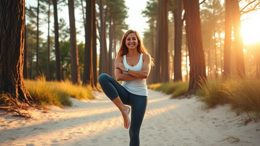 Woman demonstrating exercise for knee health on a sandy path.