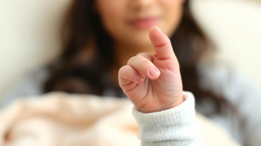 Baby's hand holding a finger, text overlay about counting fingers, born with three thumbs.