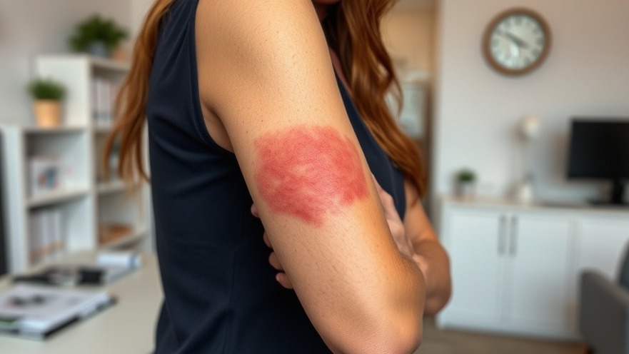 Close-up of a female client's arm with a prominent red rash in an office setting.
