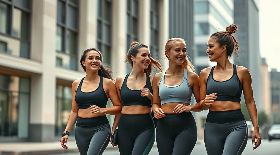 Four women enjoying the walking benefits in athletic gear, smiling under natural daylight.