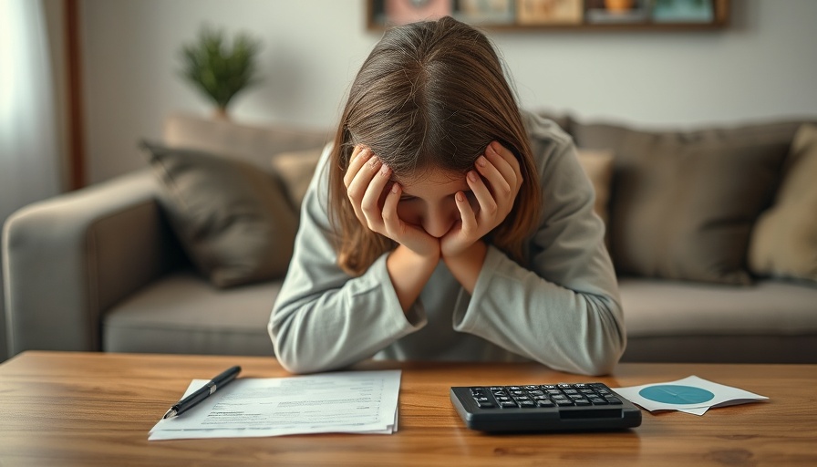 Teen experiencing stress with papers and calculator in a living room.