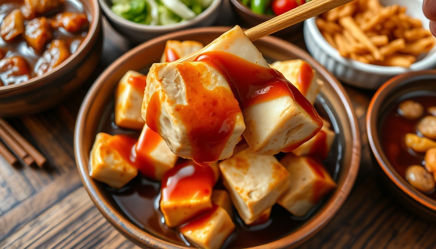 Close-up of tofu with sauce, representing plant proteins.