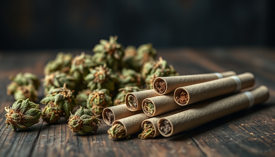 Cannabis buds and joints on a wooden table.