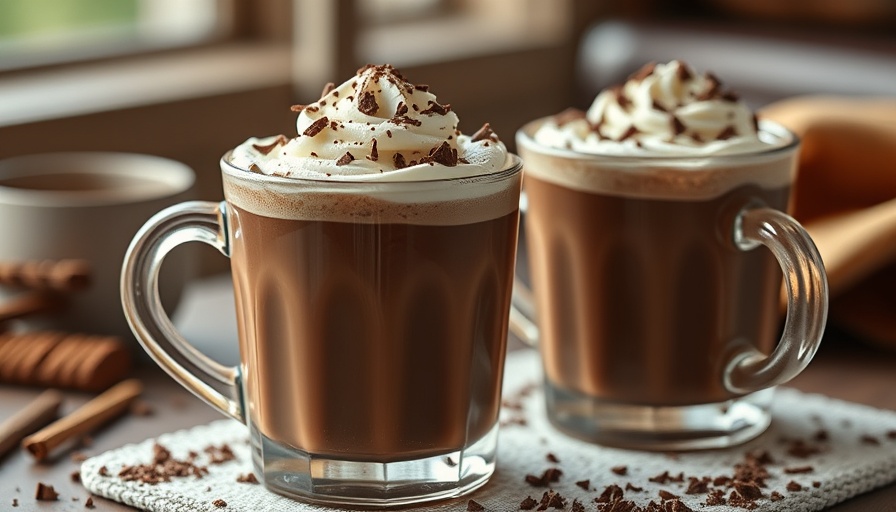 Two sugar-free hot chocolate mugs with whipped cream and chocolate shavings.