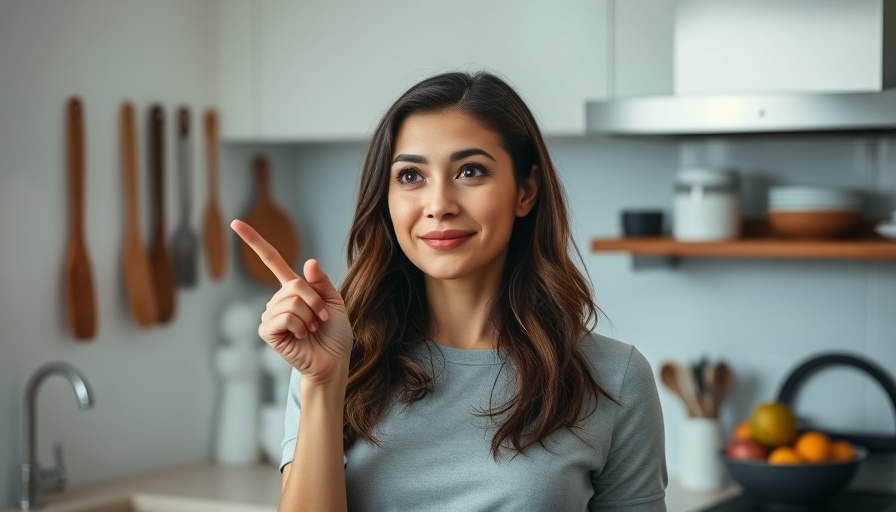 Friendly woman sharing tips in a bright kitchen, shift your focus message.