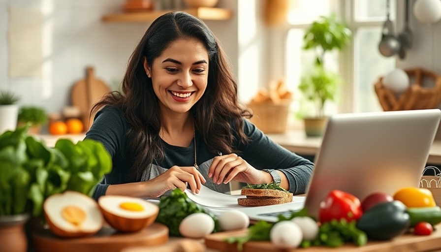 Cheerful woman planning healthy meals in a bright kitchen.