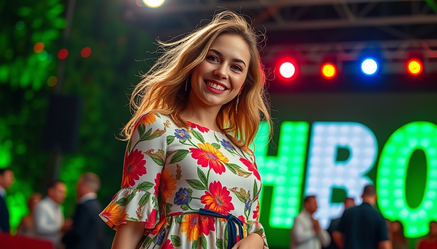 Cheerful woman in floral dress at HBO event, vibrant atmosphere.