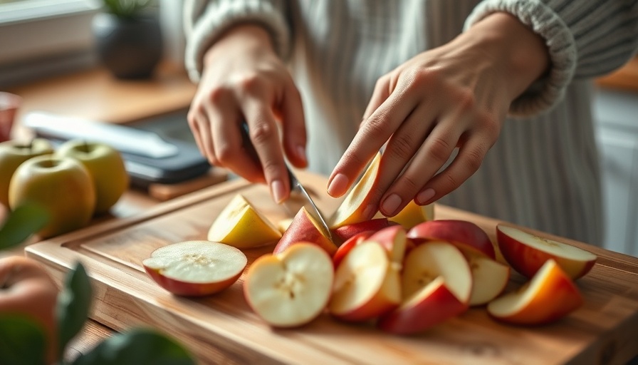 Cutting apples on a wooden board highlighting the health benefits of eating apples.