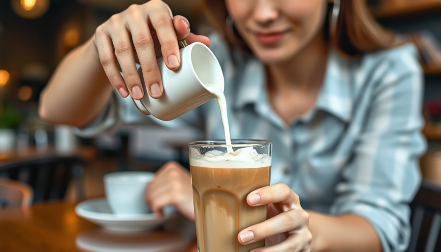 Person pouring cream into iced coffee at a cozy cafe.