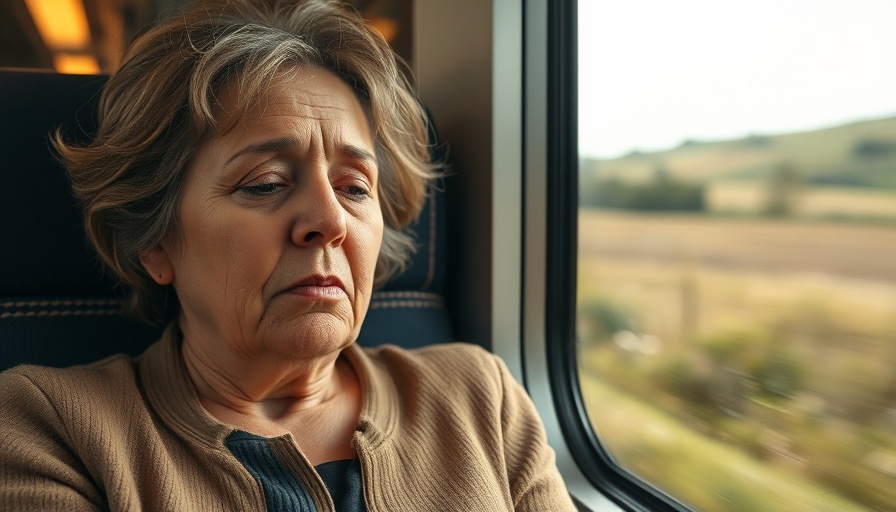 Tired woman on a train reflecting on heavy periods during perimenopause.