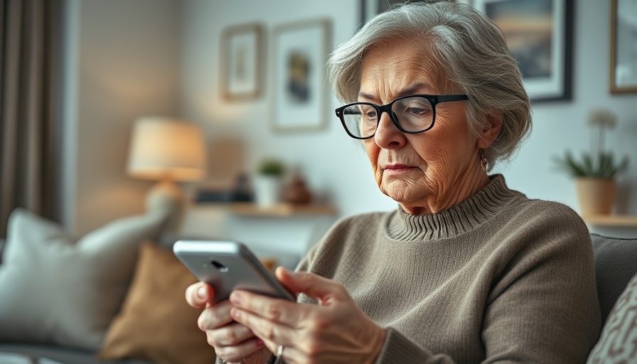 Older woman focusing on smartphone, Vision Predicts Dementia context.