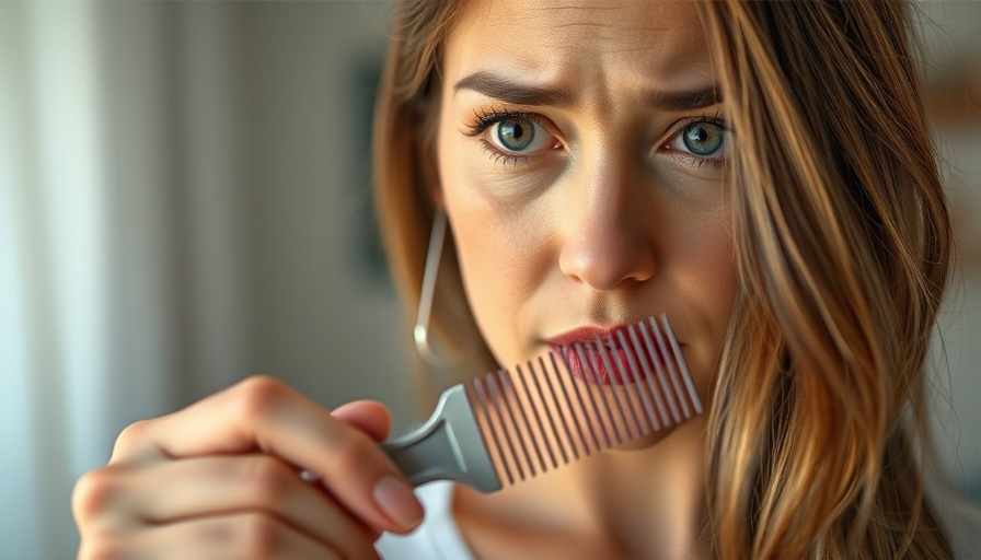 Concerned woman inspecting hair loss in a comb.