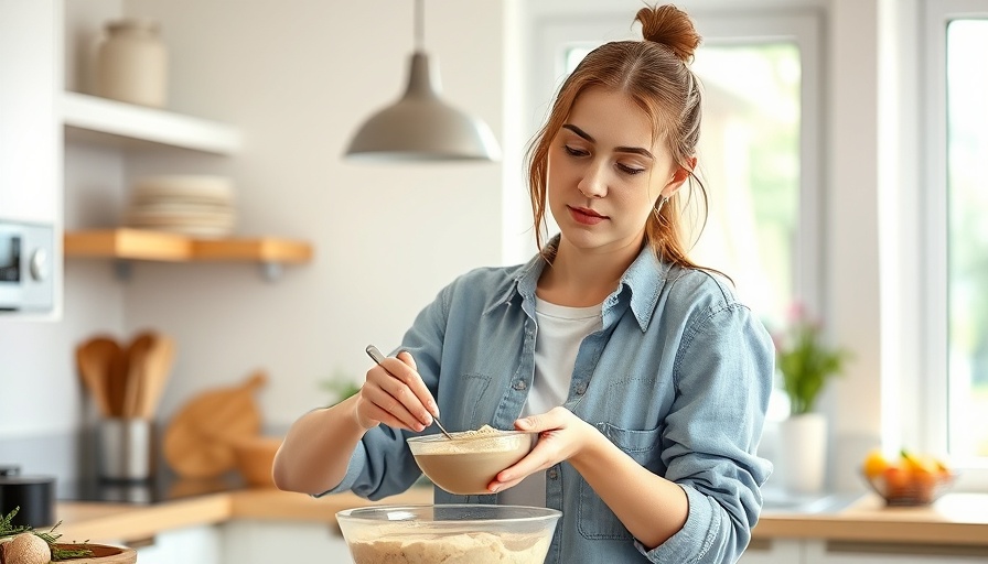 Young woman making healthy breakfast in a bright kitchen.
