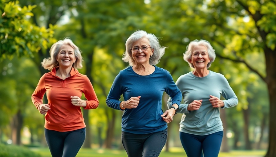 Joyful older women jogging outdoors, exercise lowers dementia risk.